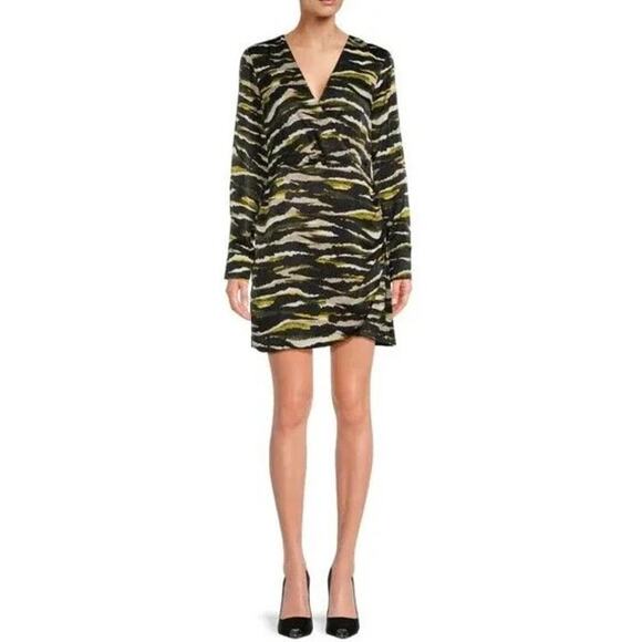 DKNY Abstract Faux Wrap Mini Satin Sheath Dress Green Camo Size 12 - Picture 10 of 10